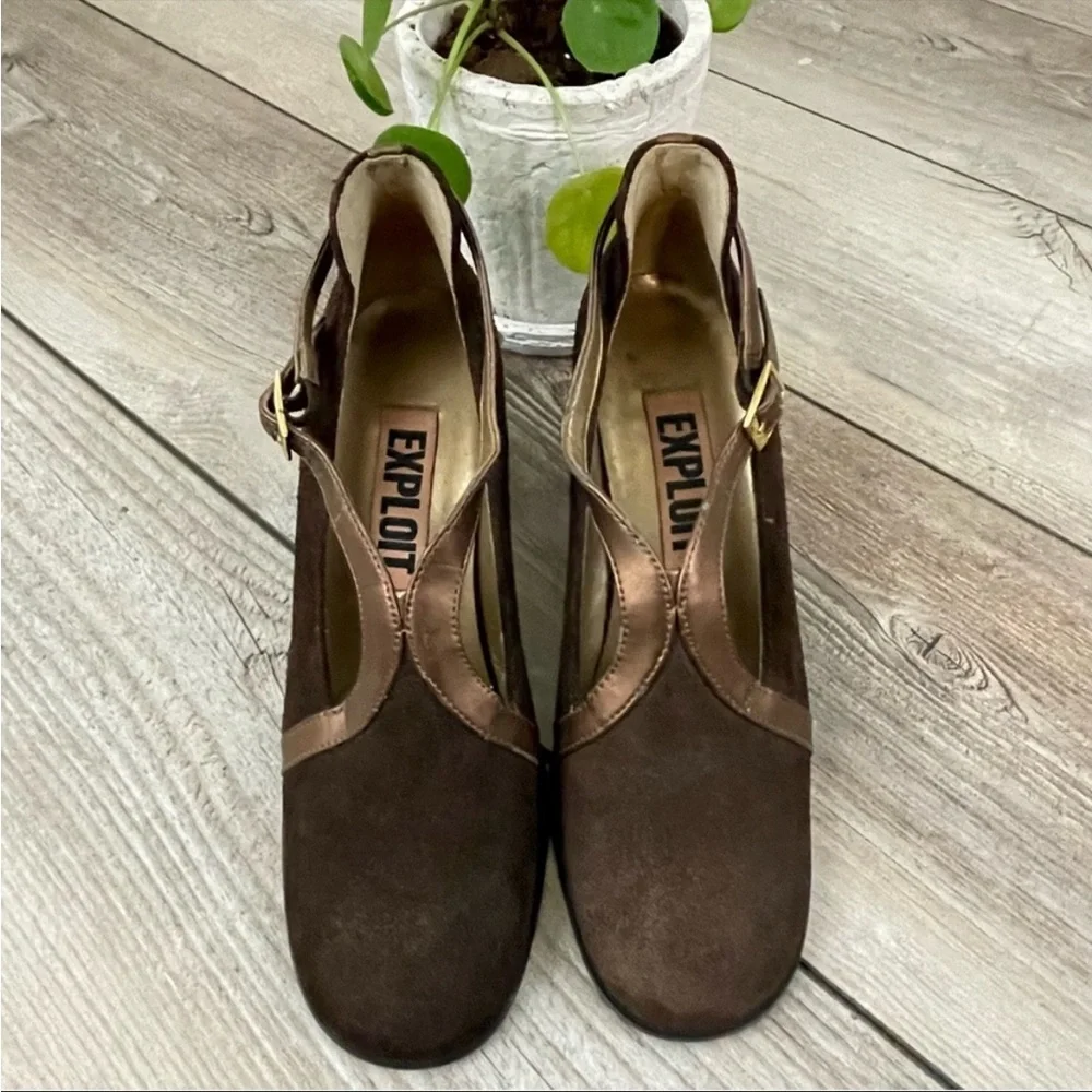 Vintage Suede Leather Heels Women’s‎ 7.5 Brown Mary Jane Style Retro Chic Casual